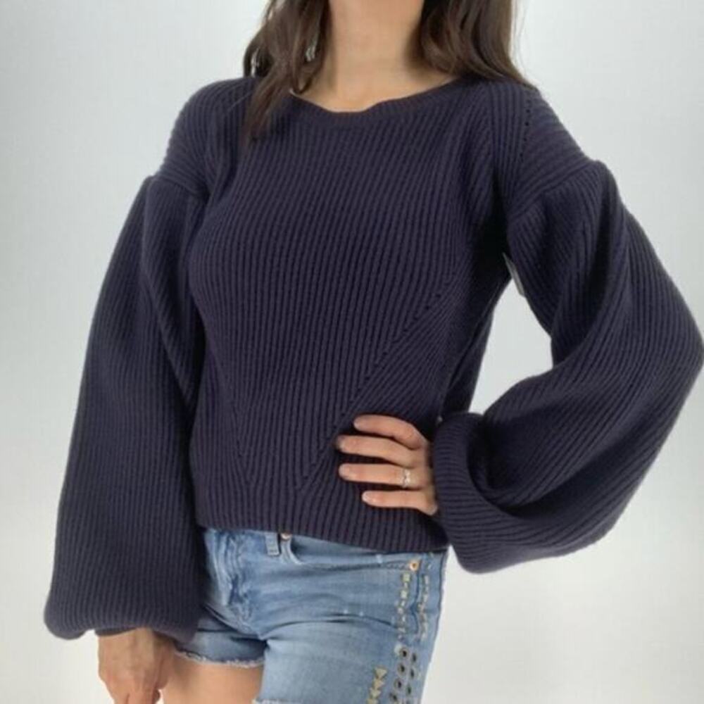 Maisie Nordstrom Navy Blue Bishop Sleeve Cropped Ribbed Sweater Medium - Picture 1 of 12
